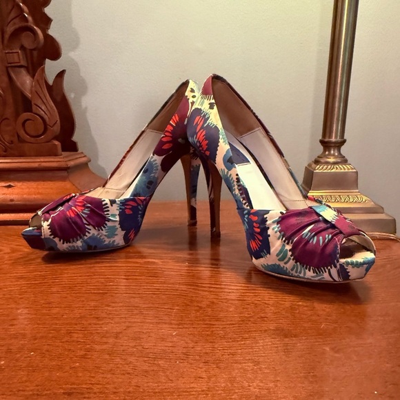 Vintage Y2K Zara Woman Collection Multicolor Peep Toe Floral 4” Heels Size 38/8 - Picture 3 of 12